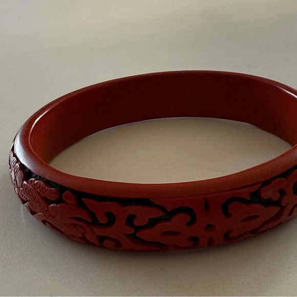 Red Cinnabar Bangle- Vintage- Carved - Picture 1 of 15